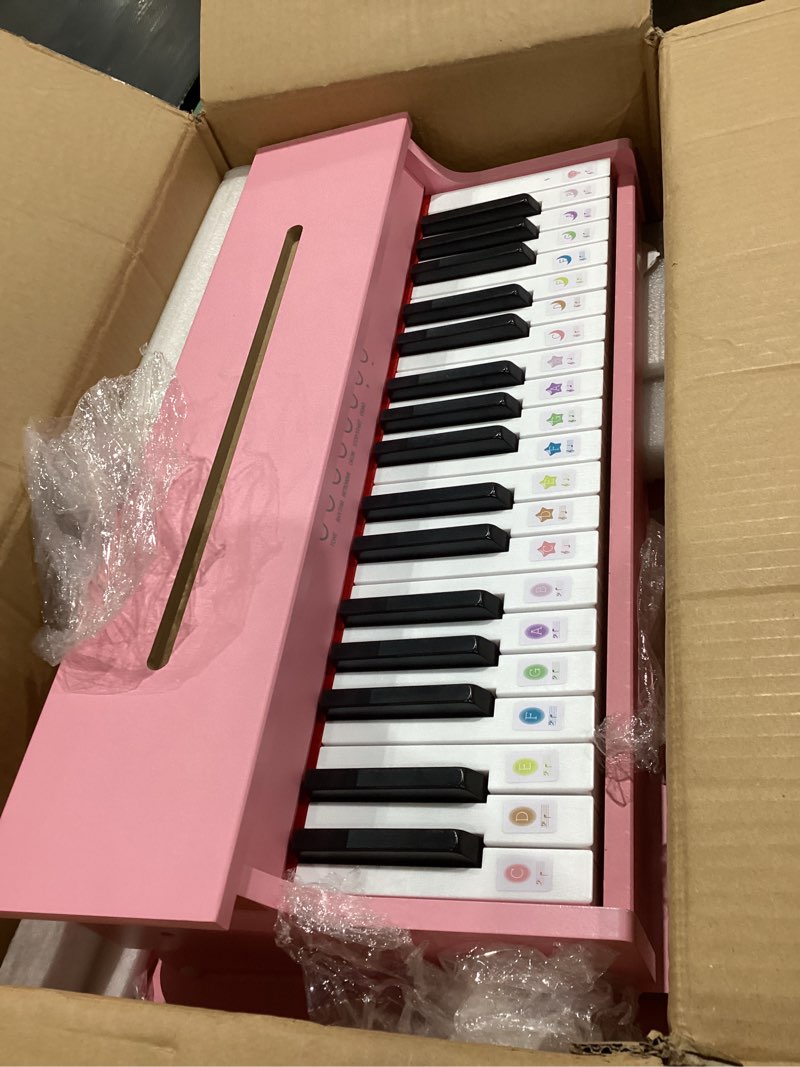Condition photo showing Good Condition for kids piano keyboard, 37 keys wooden digital piano for kids with bench,song book, diy stickers, cover, education creative musical instruments, wood piano toy for boys & grils gifts pink