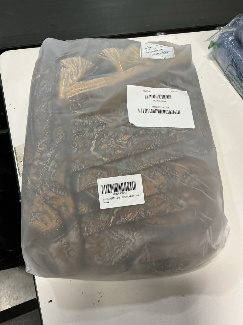 Condition photo showing Good Condition for Loom and Mill Luxury Jacquard Waterfall Valance for Living Room, Classic Antique Swag Window Valances with Tassels, Bronze Gold Swag Curtains for Bedroom Banquet Holiday Decoration(W59Inch,1 Panel) Bronze Gold 59"W x 45"L (Pack of 1)