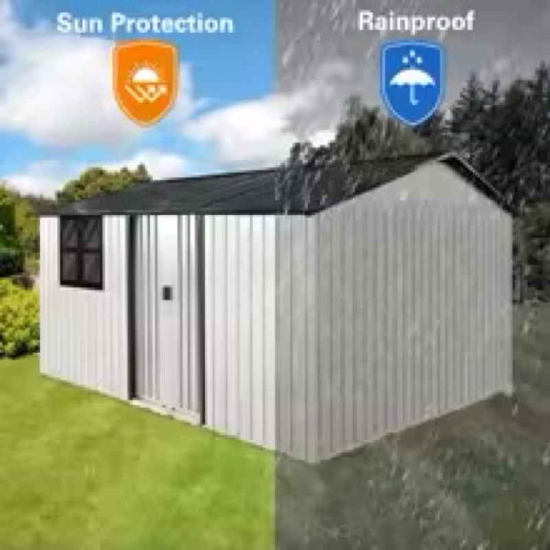 (incomplete)metal garden sheds 12ftx10ft outdoor storage sheds white+black with window with sliding door