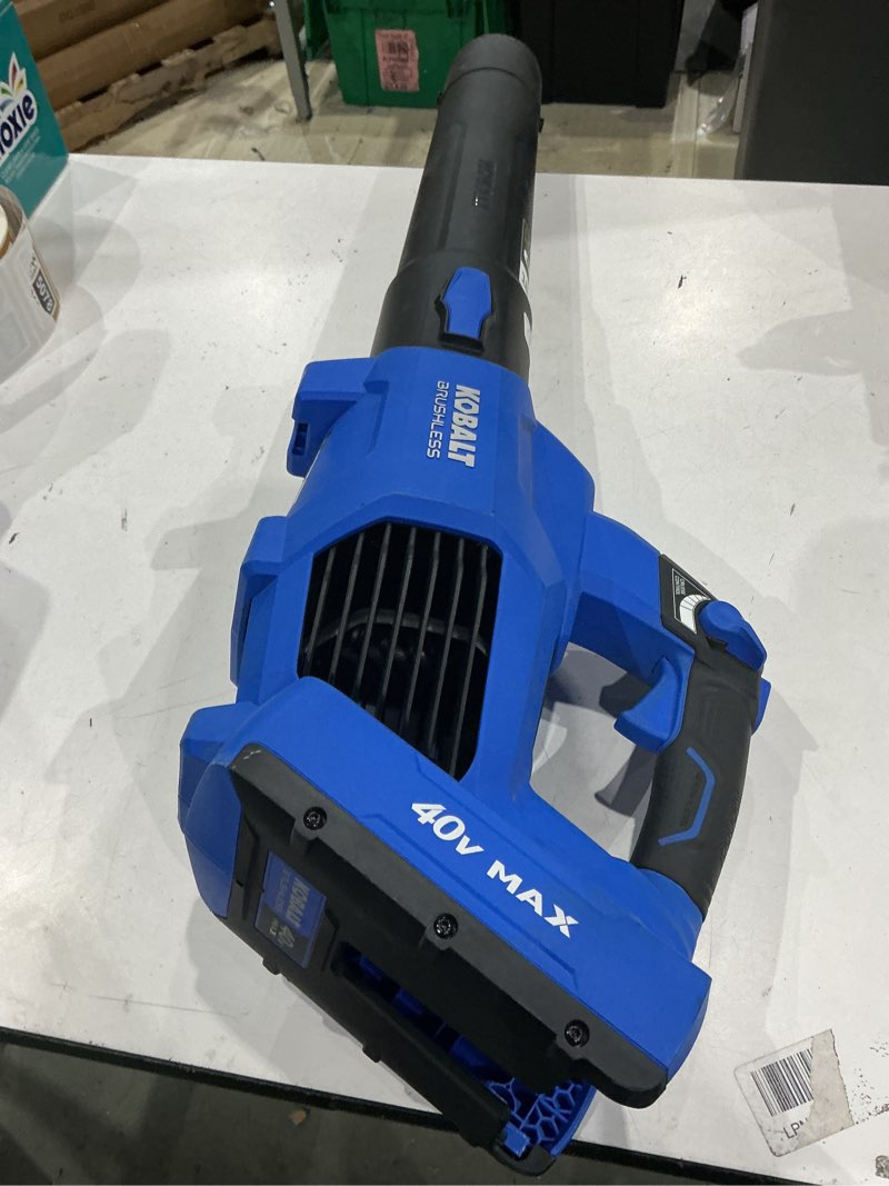 Condition photo showing As Is for kobalt 40-volt 600-cfm 130-mph battery handheld leaf blower 4 ah battery included charger included