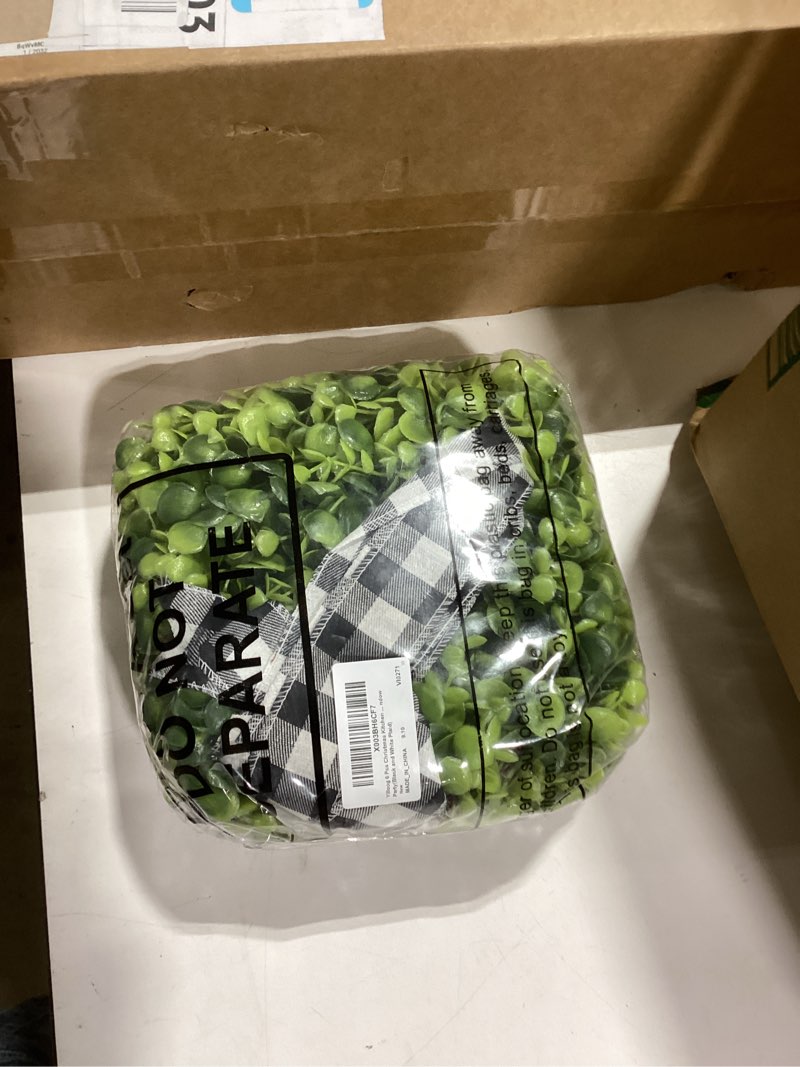 Condition photo showing Good Condition for 6 Pcs Christmas Kitchen Cabinet Wreaths Decorative Boxwood Wreaths with Ribbon Artificial Greenery Wreath Small Farmhouse Wreaths for Kitchen, 21.3 x 8.7 Inch (Black and White Plaid)