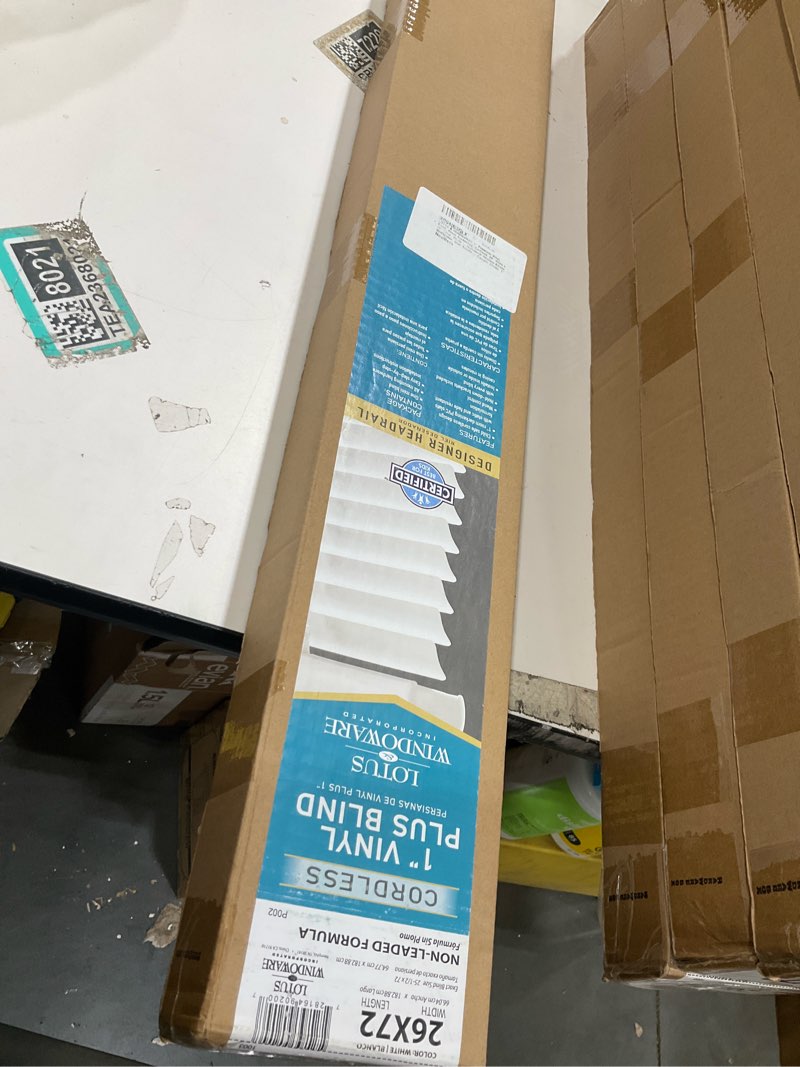 Condition photo showing New/Like New for LOTUS & WINDOWARE Cordless 1" Premium Vinyl Mini Blind, 26" Wide x 72" Long, White, Smooth, Room Darkening, Horizontal Blinds for Living Room, Bedroom, Interior Door Windows 26"W x 72"H White