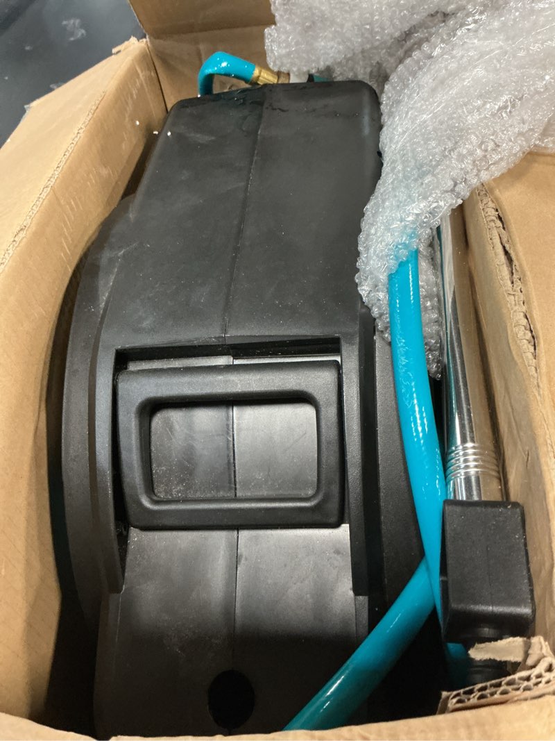 Condition photo showing As Is for Retractable Garden Hose Reel 1/2 Inch x 100 ft, Heavy Duty Hose Reel Wall Mounted, Any Length Lock, Water Hose Reels 3/4 in Brass Fitting 10 Pattern, Auto Rewind System with 180° Swivel Bracket Blue