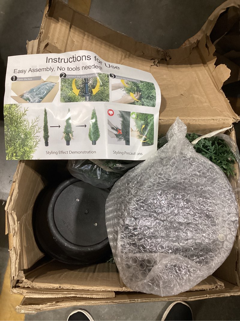 Condition photo showing Good Condition for Artificial Trees for Outdoors, BUZIGUBY Artificial Cedar Topiary Trees, 4FT Topiary Trees Artificial Outdoors for Porch, Dense Arborvitae Tree for Front Door Patio Deck Balcony Yard Decor, 2 Pack 4FT-2Pack