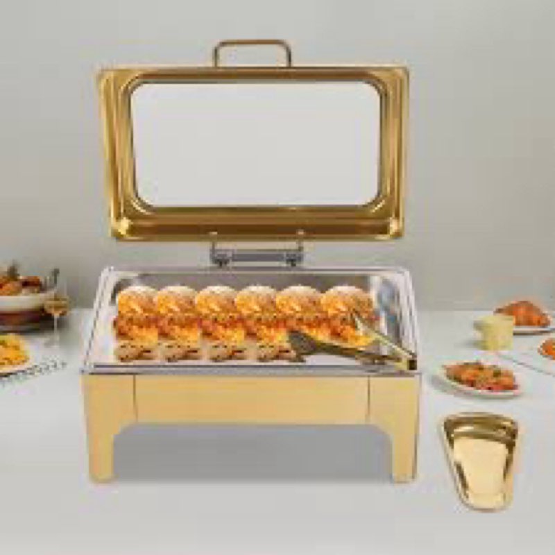 Gold Rectangular Chafing Dishes 8QT/9L Stainless Steel Food Warmer Buffet Server Heat Preservation Stove Chafing Dish with Hydraulic Glass Cover Buffet Stove with Fuel Tray for Parties