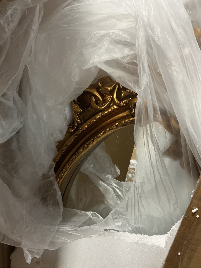 Condition photo showing Good Condition for Chende Baroque Oval Mirror for Wall Decor, 40" x 28" Ornate Gold Bathroom Mirror with 3D PU Carved Frame, Luxury Gold Wall Decor for Living Room, Dining Room, Entryway, Home Office, Unique, Vertical