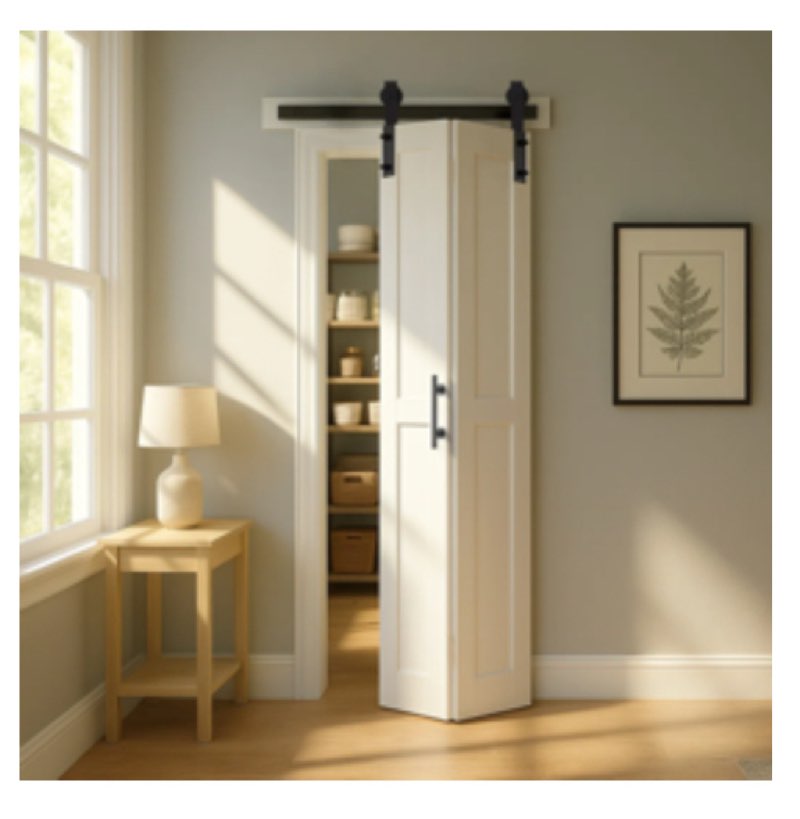 S&Z TOPHAND® White Bi-Fold MDF Sliding Folding Double Barn Door With Hardware Kit & Solid Handle, MDF With Water-Proof PVC Surface Complete Door, No Assembly Required