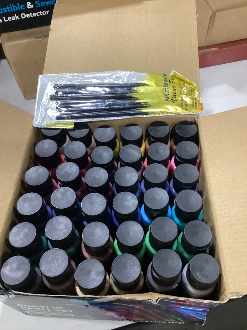 Condition photo showing As Is for acrylic paint set with 12 art brushes, 36 colors (2 oz/bottle) acrylic paint for painting canvas, wood, ceramic and fabric, paint set for beginners, students and professional artist, rich pigments 36 colors acrylic paint 2 fl oz/60 ml-2