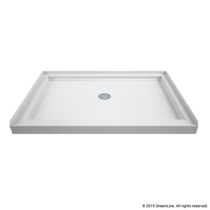dreamline 32 in. d x 48 in. w x 76 3/4 in. h center drain acrylic shower base and qwall-5 backwall k