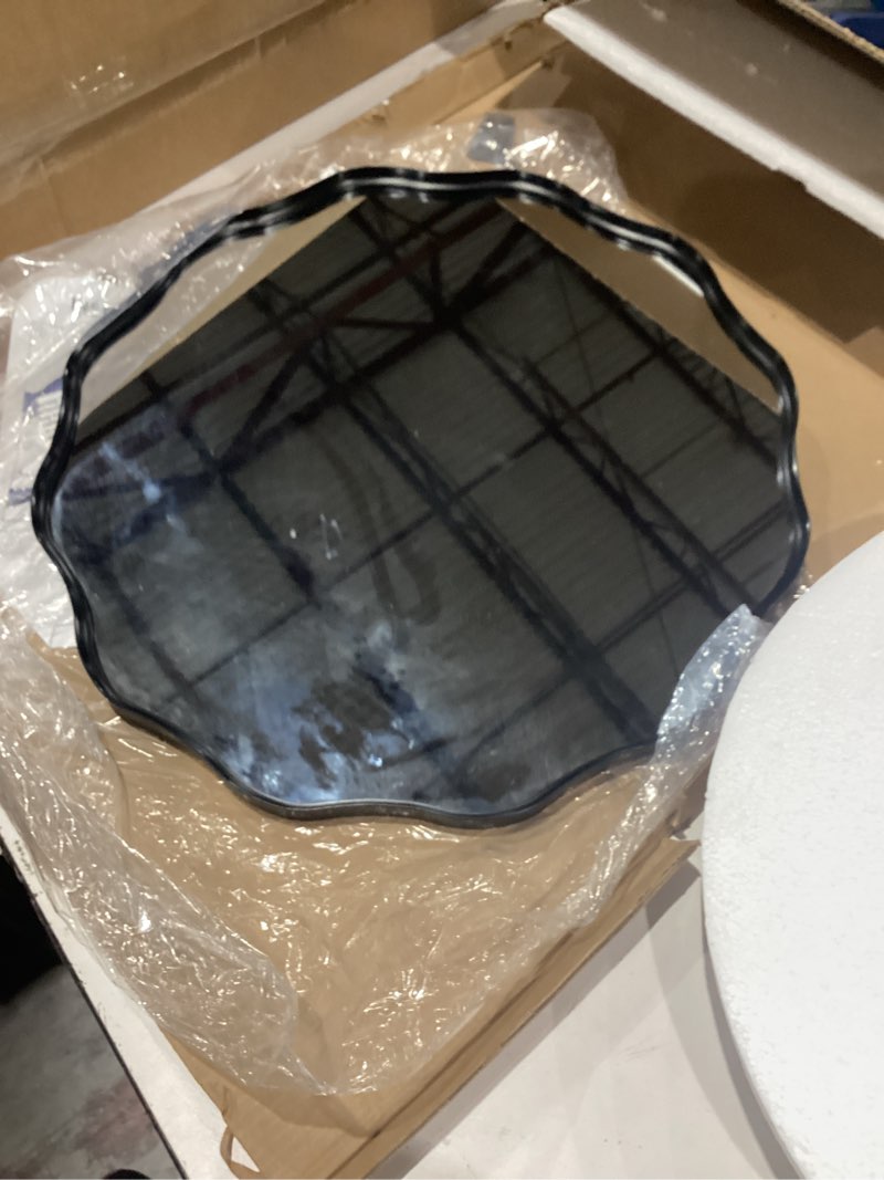 Condition photo showing Good Condition for kate and laurel viona modern scalloped round mirror, 26 inch diameter, black, decorative wavy circle mirror with unique rippled edge for use as bathroom vanity mirror
