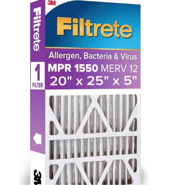 filtrete 20x25x5 air filter merv 12, mpr 1550 certified asthma & allergy friendly 1-pack, fits trion airbear, ac furnace hvac filters, pleated electrostatic (actual size 19.56 x 24.13 x 4.75 in)