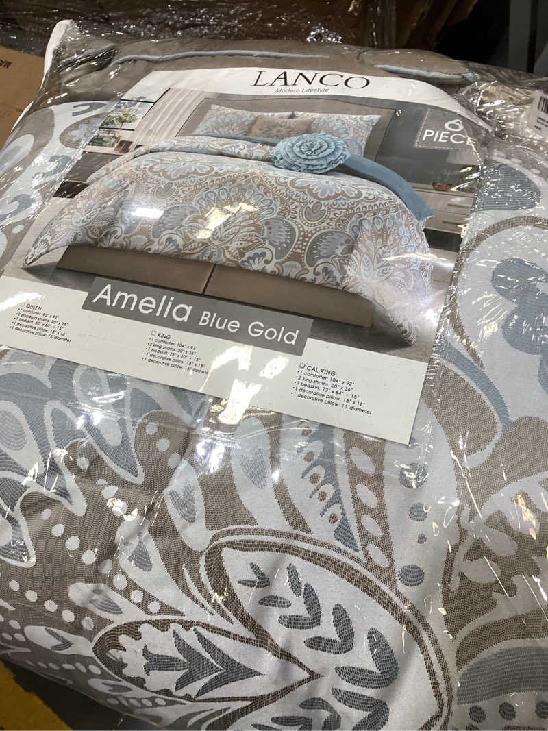 Condition photo showing Good Condition for lanco modern lifestyle blue gold 6 piece comforter set, california king, elegant floral jacquard, soft bed set for all seasons, bed in a bag with comforter, bed skirt, pillow shams & decor pillows blue gold california king