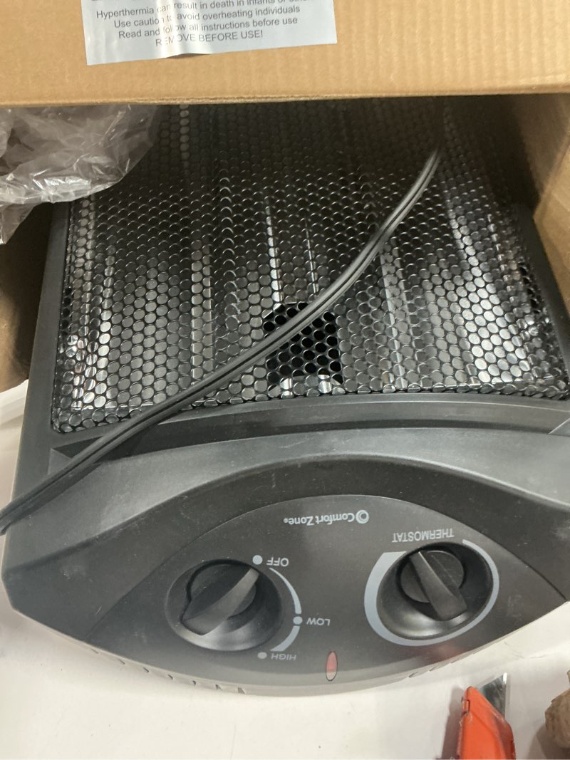 Condition photo showing Good Condition for Comfort Zone Space Heaters for Indoor Use, Portable Electric Heater, Adjustable Thermostat, Infrared Heat, Quartz Tower Space Heater with 2 Heat Settings, Bedroom Heater, Black