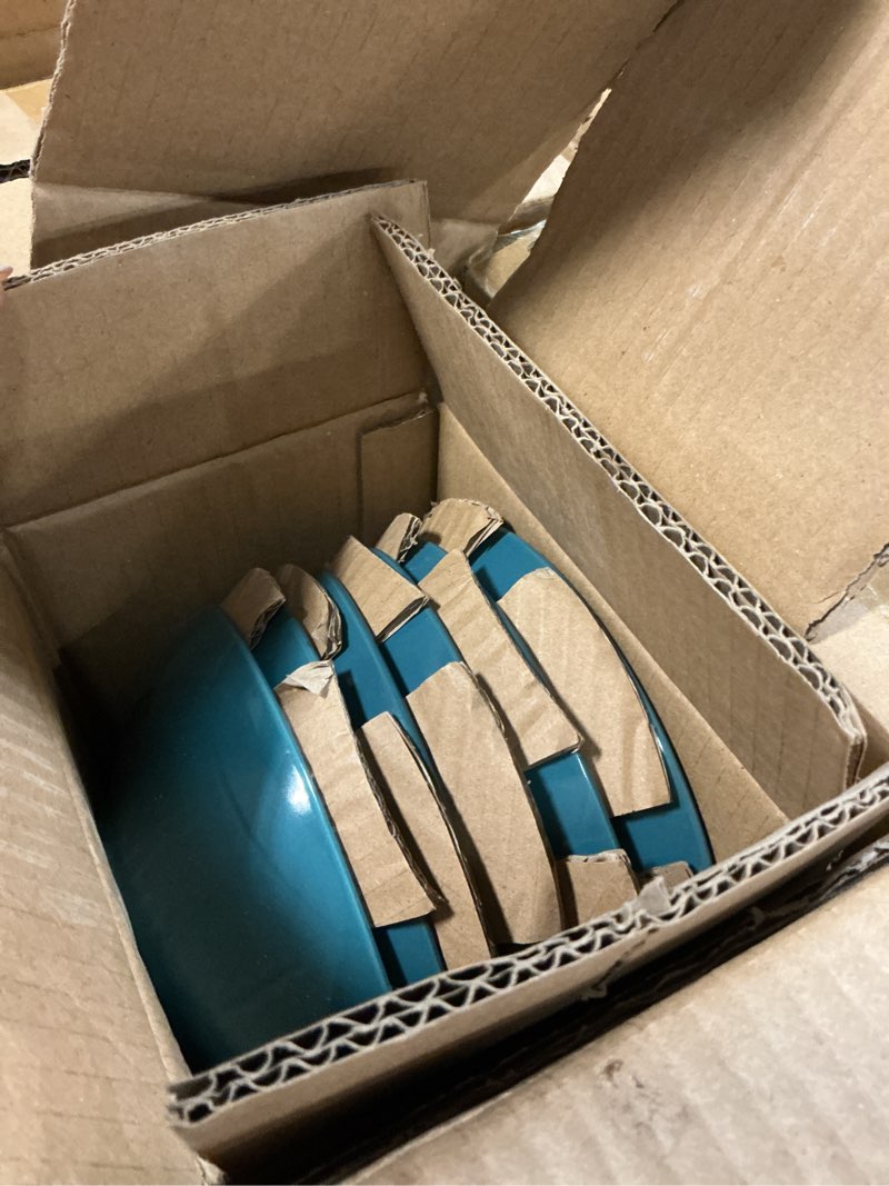 Condition photo showing Good Condition for Amazon Basics 18-Piece Stoneware Dinnerware Set, Service for 6, Microwave and Dishwasher Safe, Plates and Bowls, Deep Teal