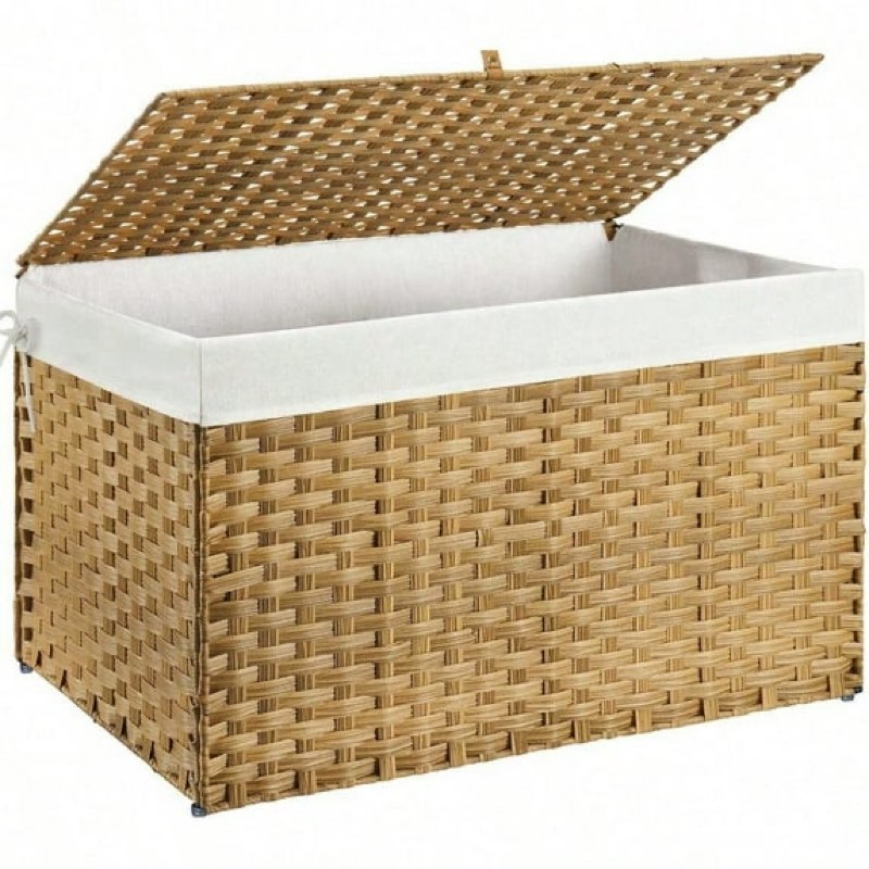 GREENSTELL Storage Basket with Lid 42.3 Gallon 160L Lagre Wicker Blanket Storage Basket with Handles Foldable 2 Removable Liner Bags Metal Frame for Bedroom Laundry Room Brown 3018.118.1