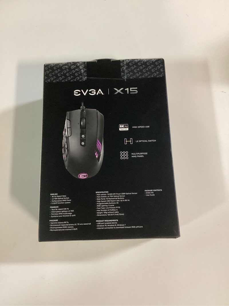 evga x15 mmo gaming mouse, 8k, wired, black, customizable, 16,000 dpi, 5 profiles, 20 buttons, ergon