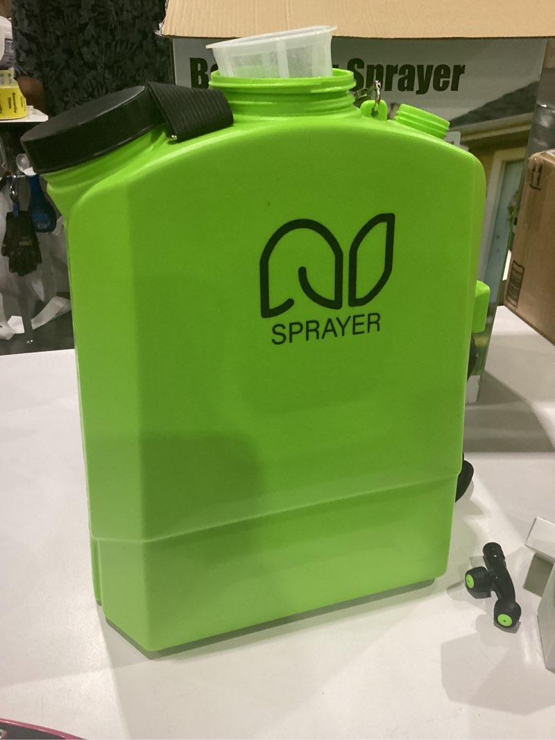 Condition photo showing As Is for battery powered backpack sprayer 4 gallon, adjustable pressure garden sprayer with digital display & padded straps, electric pump sprayer in lawn with 2.2ah battery, 5 nozzles, telescopic wand