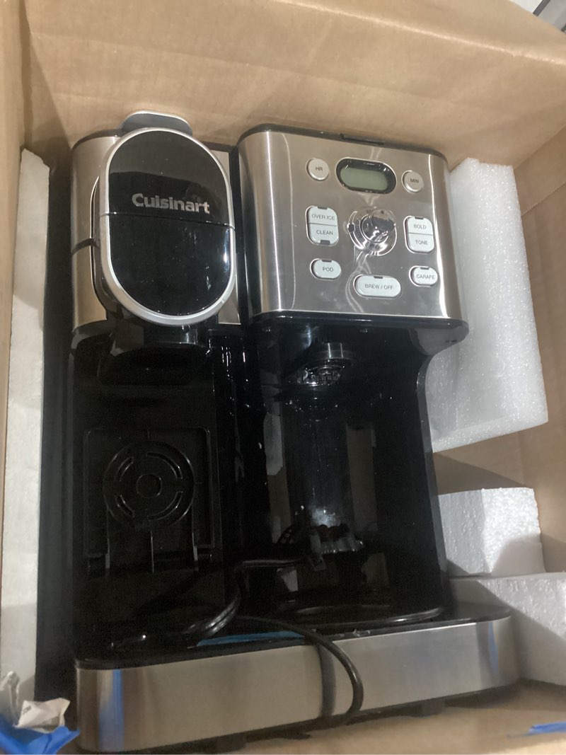Condition photo showing As Is for cuisinart coffee center 10-cup thermal carafe drip coffee maker and single-serve brewer with over ice function, fully automatic coffeemaker, compatible with single-cup pods, black/stainless, ss-21nas