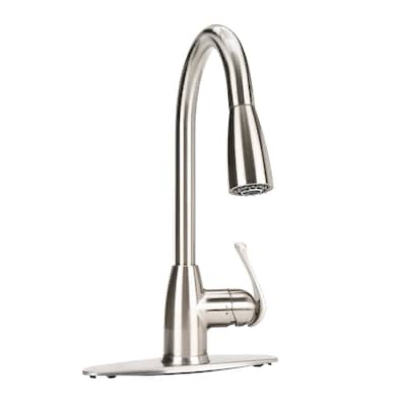 project source tucker stainless steel single handle deck-mount pull-down kitchen faucet with sprayer (includes deck plate)