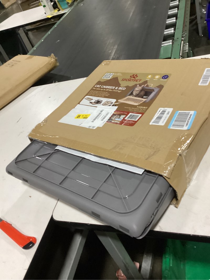 Condition photo showing New/Like New for sportpet large hard-sided travel cat carrier - cat carrier with patented wide side-opening door, foldable portable pet carrier with removable bed for cats & small pets up to 25lbs - gray/tan large carrier w/ bed (tan & gray)