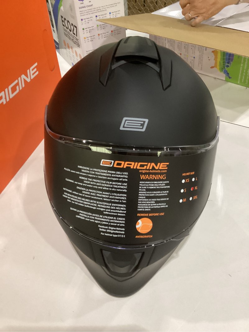 Condition photo showing New/Like New for origine on road full face motorcycle helmet, dot approved flat black x-large