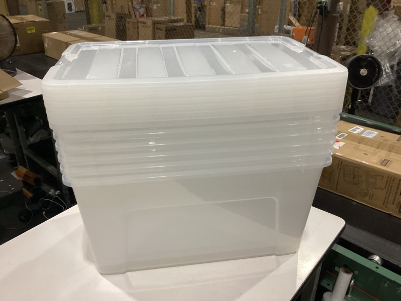 Condition photo showing New/Like New for iris usa 72 qt stackable plastic storage bins with lids, 6 pack - bpa-free, made in usa - see-through organizing solution, latches, durable nestable containers, secure pull handle - clear clear 72 qt 6 pack
