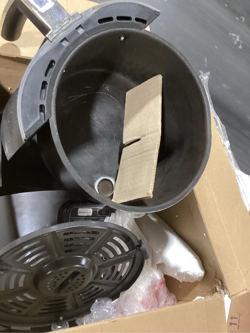 Condition photo showing As Is for ninja air fryer | 4 qt capacity | 4-in-1 roast, crisp, roast, reheats, & dehydrates | dishwasher safe parts | 105°f-400°f | includes 20 easy & healthy recipes | 1550 watt | grey | af101