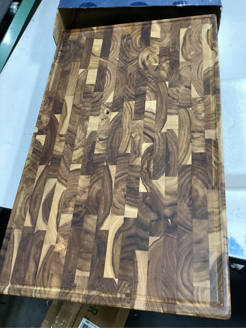 Condition photo showing As Is for Teak Cutting Board - 19.7 x 12.2 Inch (ExtraThick 1.7") Premium Quality Butcher Block for Meat, Cheese, Charcuterie Board. Heavy Duty End Grain Wood Chopping Board with Handle (Oil & Plate Included) Teak Wood 19.7"L x 12.2"W