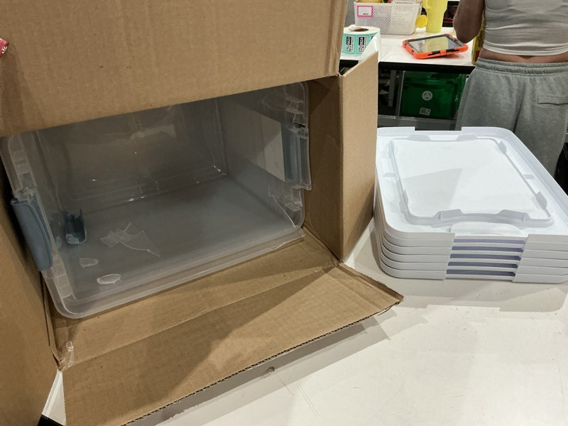 Condition photo showing As Is for sterilite 6-pack latching box, under bed storage bins with lids, clear plastic, 25 quart - heavy-duty organizing containers for closet, bathroom, and office 25 quart 6 pack boxes