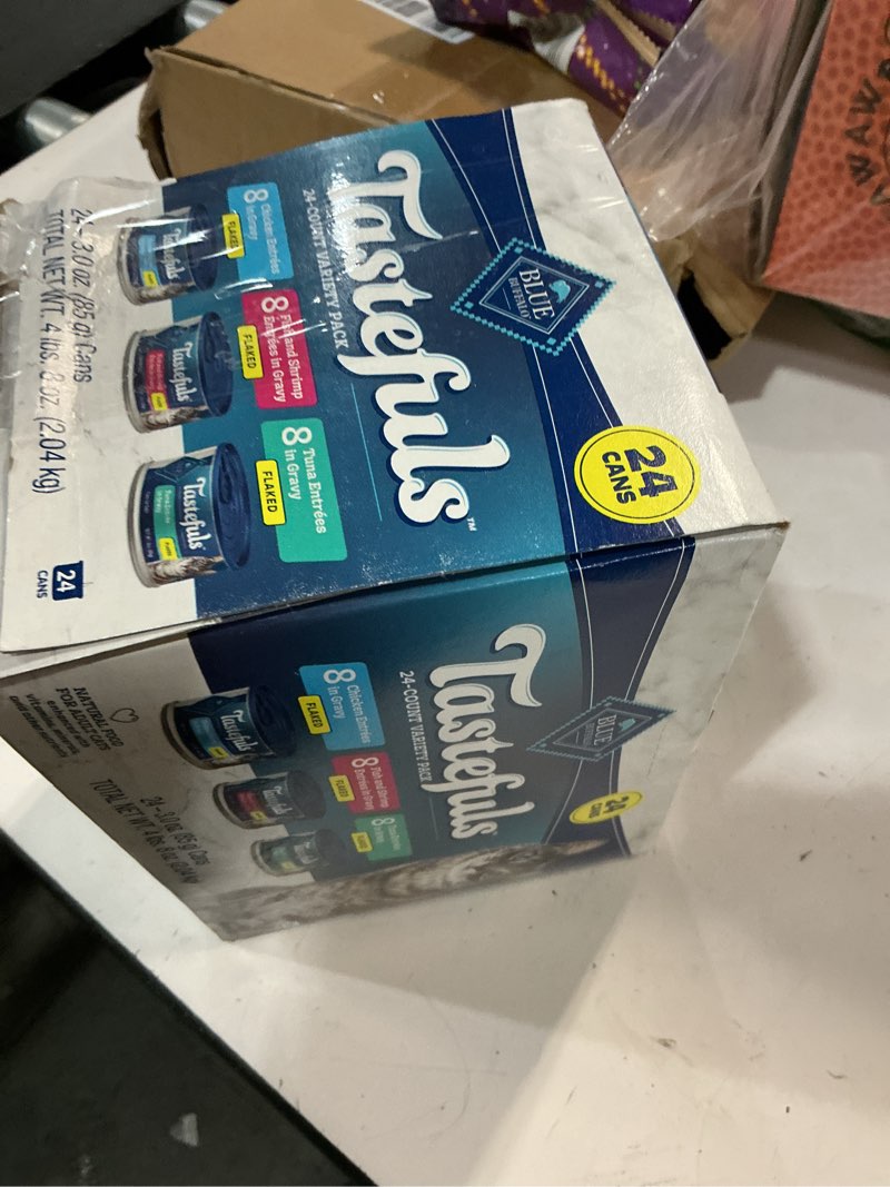 Condition photo showing New/Like New for ( best by :08/05/2028) blue buffalo tastefuls natural flaked wet cat food variety pack, tuna, chicken and fish & shrimp entrées in gravy 3-oz cans (24 count) variety pack: tuna, chicken, fish & shrimp 3 ounce (pack of 24)