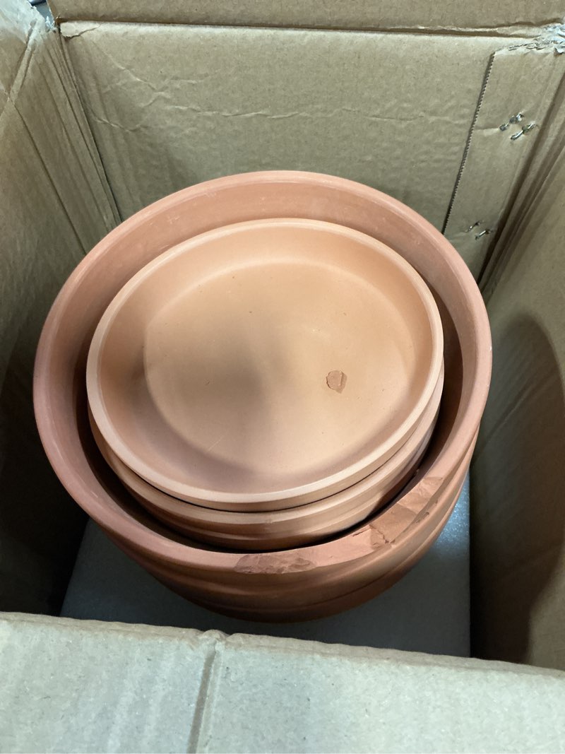 Condition photo showing As Is for vensovo 8 inch clay & terracotta pots for plant with saucer - 4 pack large ceramic terra cotta planter with drainage hole, clay flower pot with tray for indoor outdoor plants