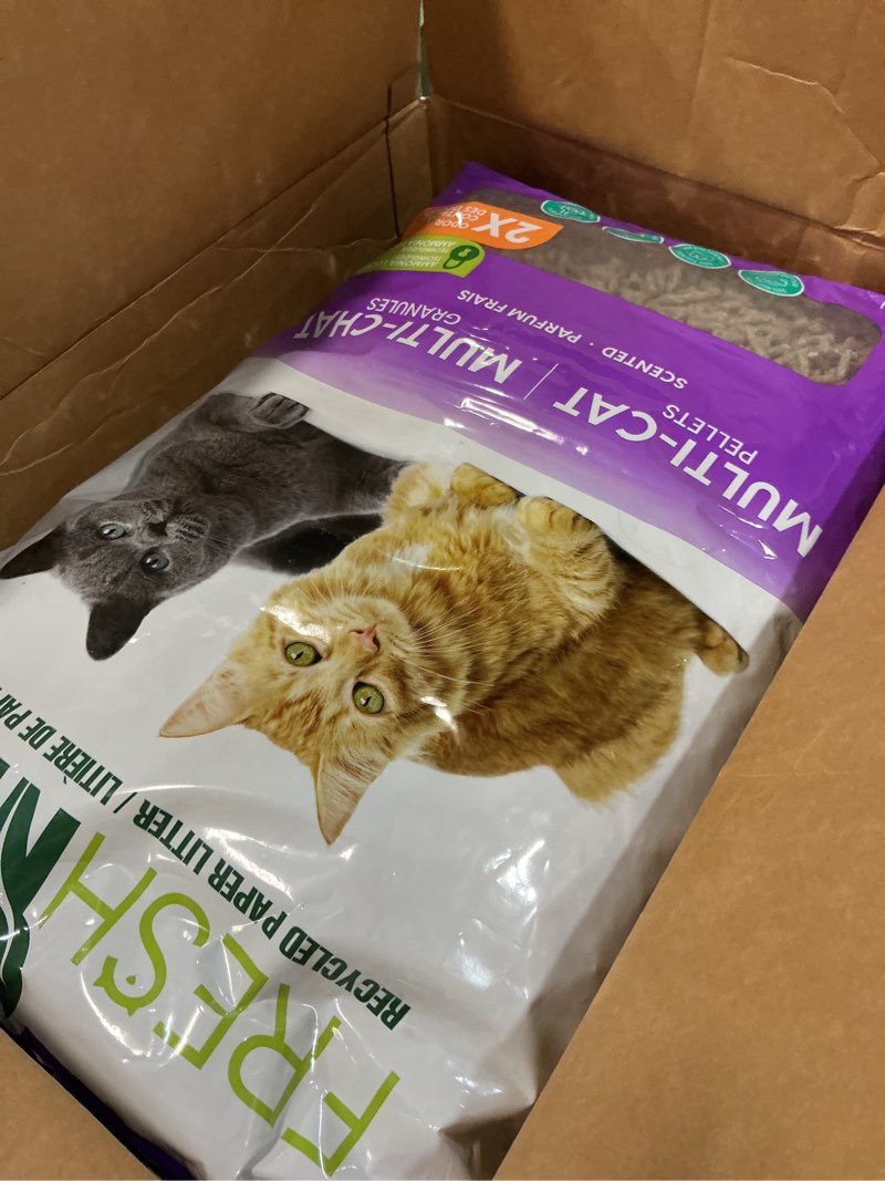 Condition photo showing As Is for fresh news recycled paper multi-cat pellet non-clumping paper cat litter, 25 pound, 2x odor control, made in usa