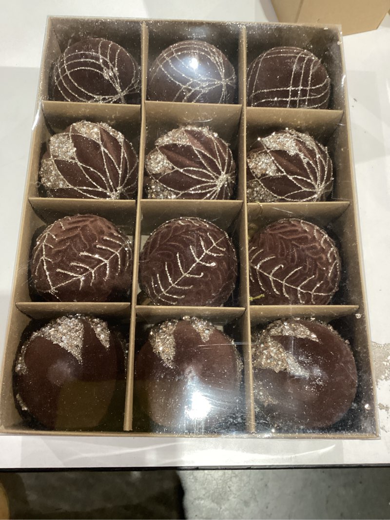 Condition photo showing New/Like New for 3.15INCH Brown Velvet Ornaments for Christmas Tree, 12PCS Glitter Flocked Christmas Ornaments Decorations Balls Set Decor A Brown 3.15inch-12pcs