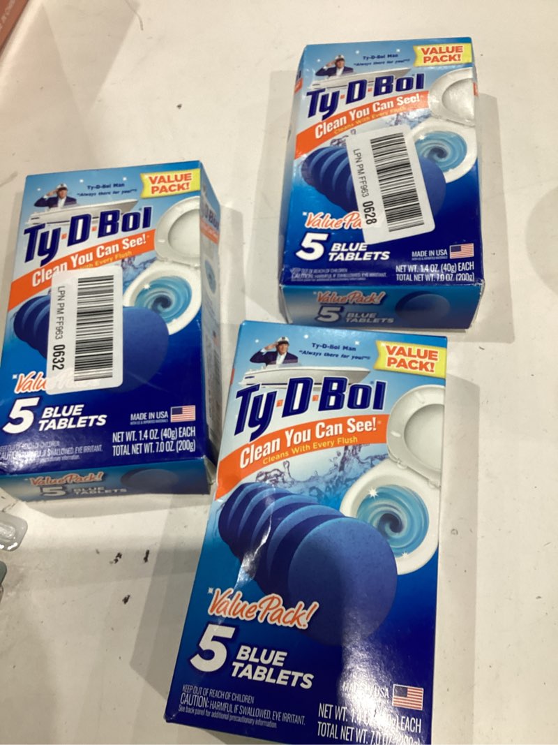 Condition photo showing New/Like New for 3 boxes ty-d-bol blue tablets value 5 pack, cleans and deodorizer toilets for a fresh smelling bathroom blue 5 count (pack of 1)
