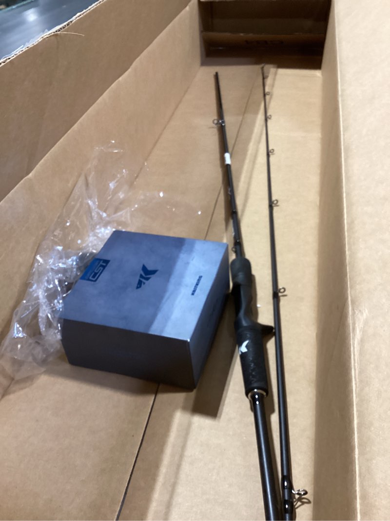 Condition photo showing As Is for kastking crixus fishing rod and reel combo, high performance spinning & baitcaster combo, im6 graphite 2pc blanks, zirconium oxide rings, superpolymer handle, lightweight reel with aluminum spool b: cast-7'0" med heavy- right handed-2pcs