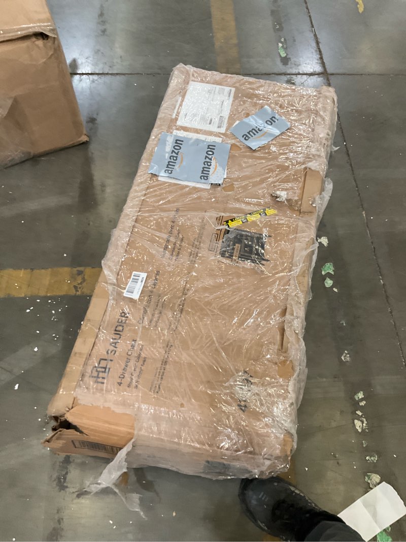 Condition photo showing As Is for sauder shoal creek bedroom 4-drawer chest, in soft white finish