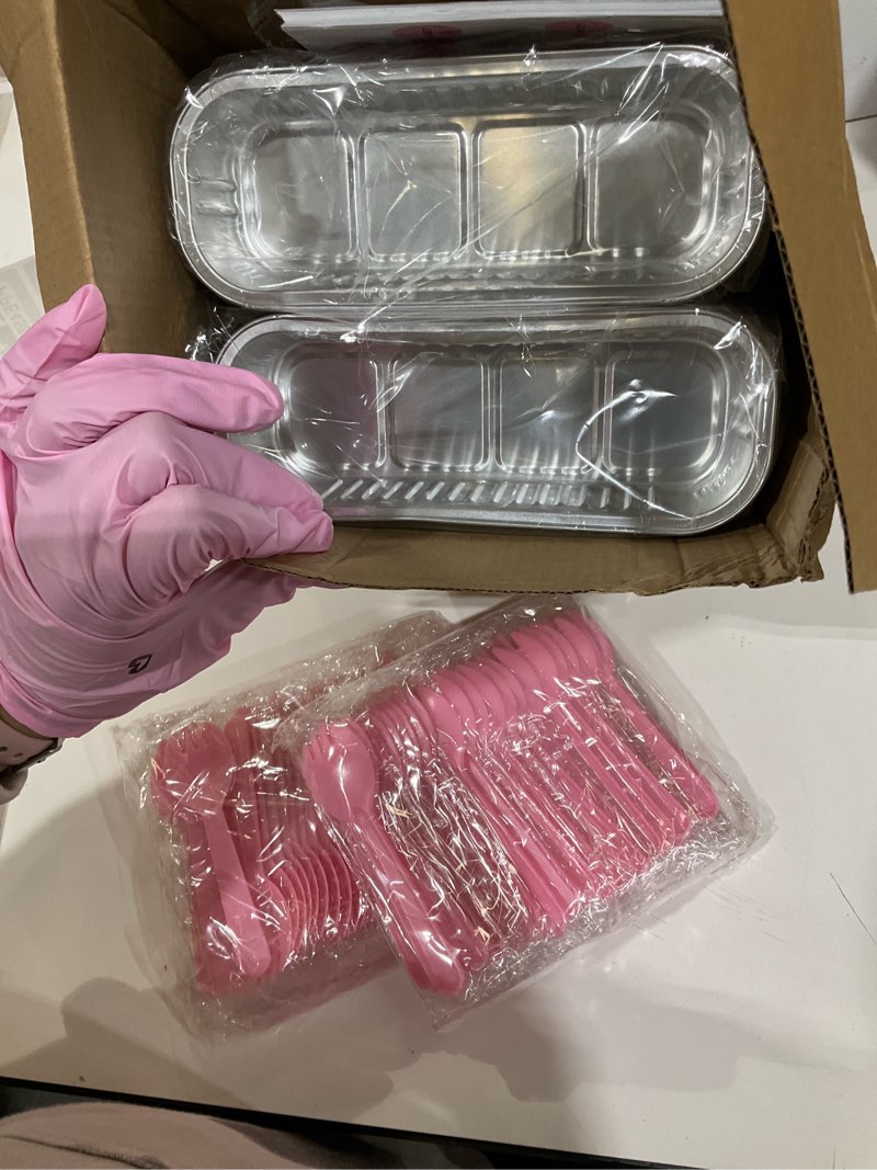 Condition photo showing Good Condition for mini loaf baking pans with lids and spoons (100 pack, 6.8oz) rectangle aluminum foil baking pans tins containers - cupcake containers wrappers cheesecake creme brulee ramekins 100 pack pink
