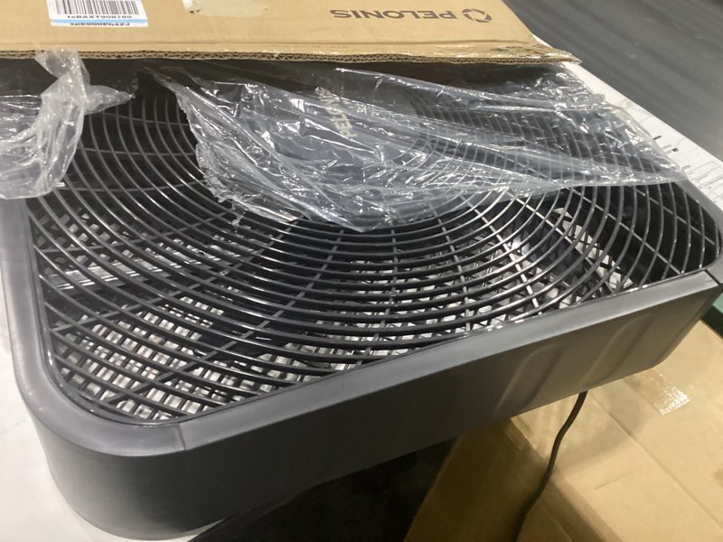 Condition photo showing New/Like New for pelonis 20 inch box fan for bedroom– 3 speeds, 25ft/s, floor fan, window fan, table fan, desktop fan with superior air throw (2295 cfm), lightweight, 5 blades, suitable for office, living room, garage grey upgraded
