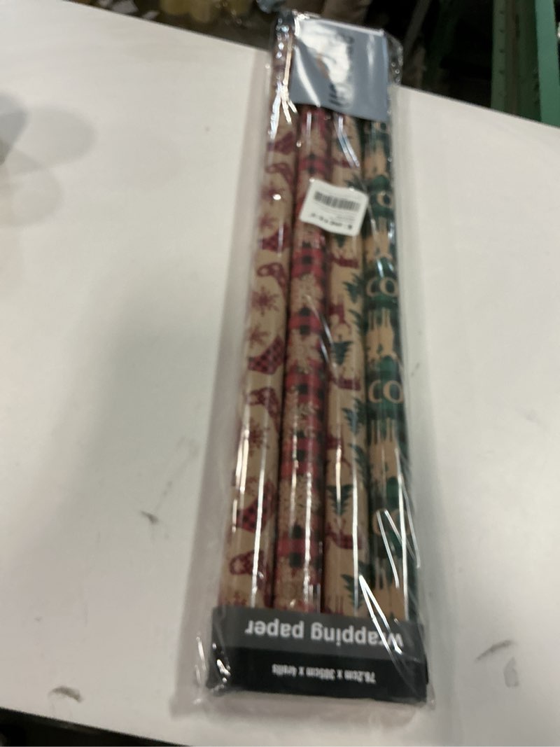Condition photo showing New/Like New for RUSPEPA Christmas Wrapping Paper, Kraft Paper - Reindeer, Stripe and Snowflakes in Blue Design - 4 Rolls - 30 inches x 10 feet per Roll Blue White