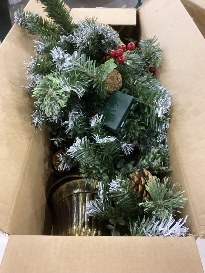 Condition photo showing Good Condition for 2 Set 4Ft Snowy Outdoor Christmas Entrance Tree with Timer 60 Warm Lights Battery Operated,120 Branches Tips,14 Eucalyptus,13 Smoky Pine Bristle Leaves,10 Pine Cones,9 Red Berries for Porch Front Door 4 Ft Snowy Potted Tree
