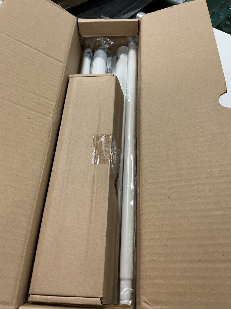 Condition photo showing New/Like New for double curtain rod, 1 inch white dual curtain rods 36 to 76 inch with aluminium modern end cap finials, adjustable heavy duty window treatment rods, spliced metal double drapery pole set white 36"-76"