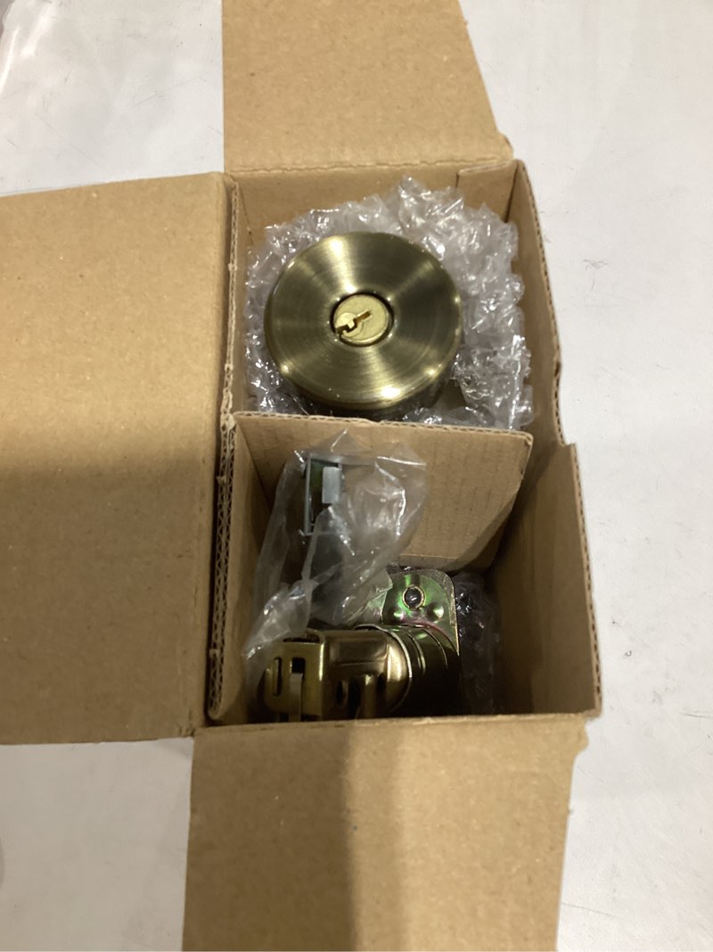 Condition photo showing As Is for reliabilt gallo antique brass exterior single-cylinder deadbolt keyed entry door knob combo pack