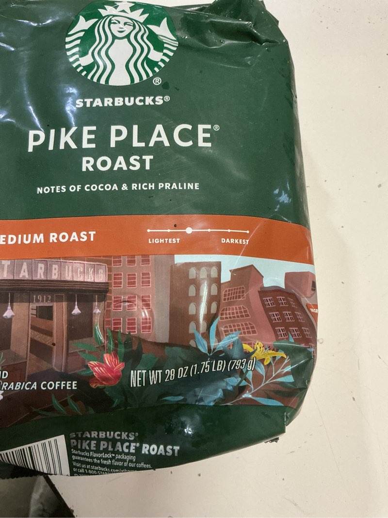 Condition photo showing New/Like New for (BBD 17/12/25). Starbucks Ground Coffee, Medium Roast Coffee, Pike Place Roast, 100% Arabica, 1 Bag (28 Oz)