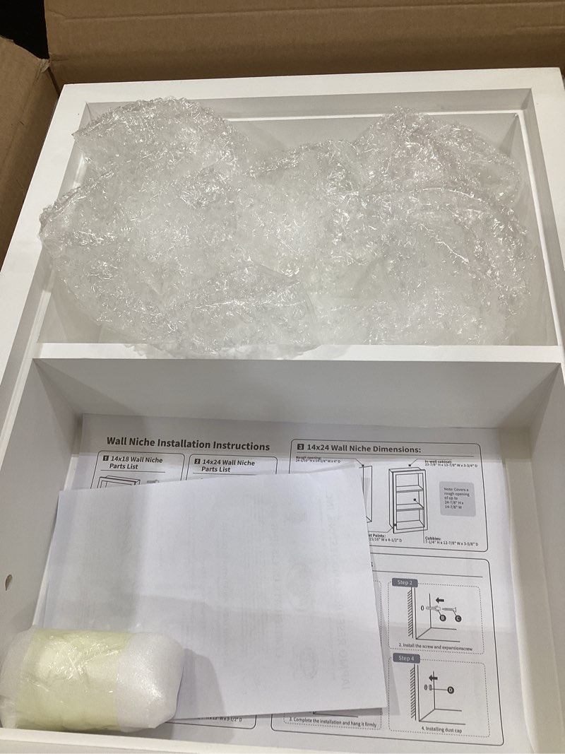 Condition photo showing Good Condition for Nalwort 14" x 18" Recessed Medicine Cabinet, 2-Tier Wall Niche for Bathroom, Bedroom, Living Room, Kitchen, White, Solid Wood Wall Medicine Cabinet White 14 x 18