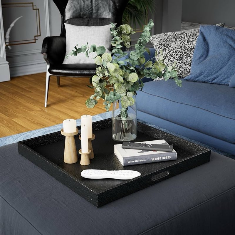 22×22 inches Oversized Black Acrylic Ottoman Tray Extra Large Decorative Tray Spill-Proof Serving Tr