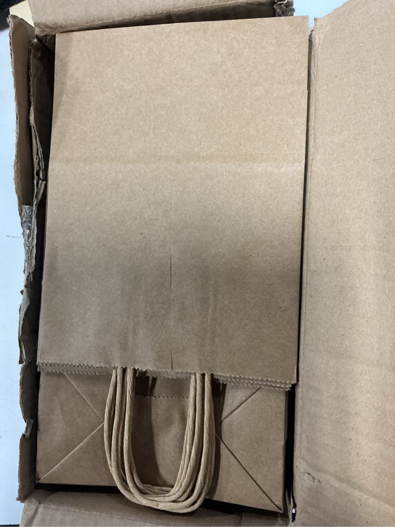 Condition photo showing Good Condition for joybe 100 pack 5.95x3.25x8 inch small brown paper bags with handles bulk, kraft paper gift bags for birthday party favors grocery retail shopping business goody craft sacks (plain natural, 100pcs)