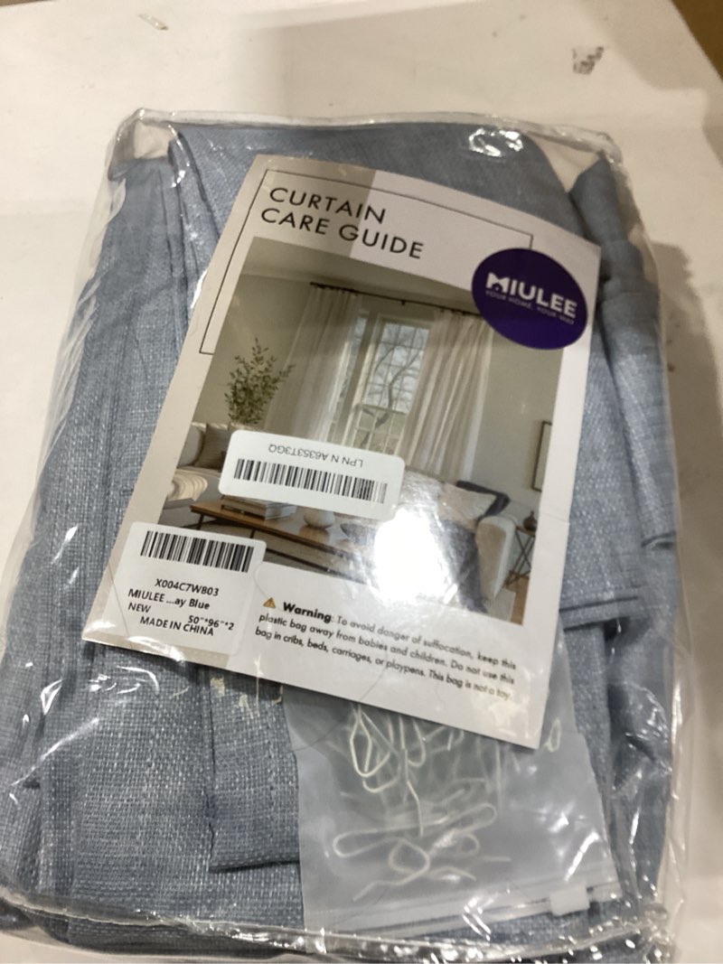 Condition photo showing Good Condition for MIULEE 100% Blackout Curtains 96 Inch Long 2 Panels Set for Bedroom, Thick Faux Linen Black Out Curtain Room Darkening Back Tab Pleat Window Textured Drapes with Hooks for Living Room, Chambray Blue Chambray Blue 50"W x 96"L (Pack of 2)