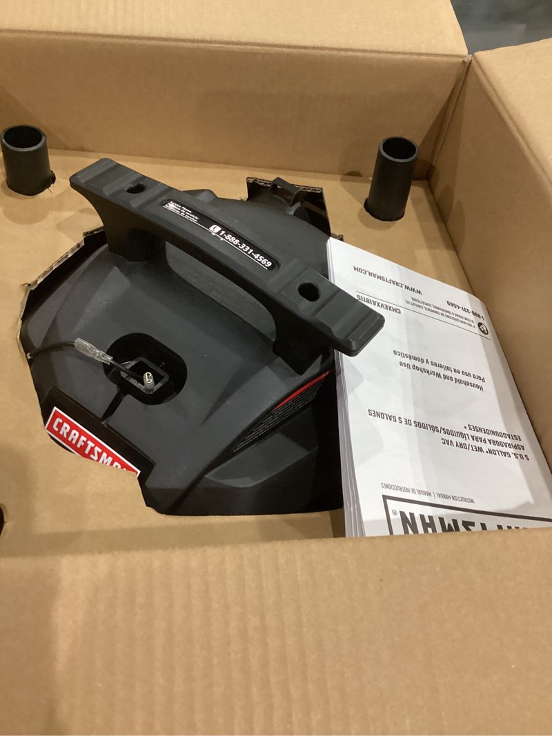 Condition photo showing As Is for craftsman 5-gallon 4 hp corded wet/dry shop vacuum with accessories included item #3423693 | model #cmxevxa18115