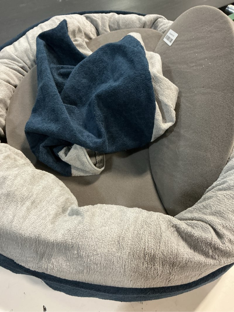 Condition photo showing As Is for Deconovo Calming Dog Bed for Small Dogs - Waterproof Round Donut Pet Bed with Washable Cover, 26D Egg Crate Foam, Non-Slip Bottom, Anti-Tear Zipper for Indoor Use Navy Grey 24x24x6 Inch 24x24x6 inch Navy Grey