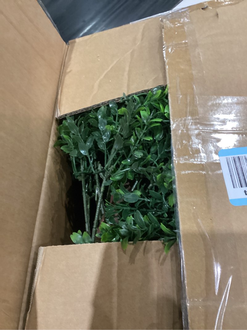 Condition photo showing As Is for 27.5" Artificial Olive Boxwood Topiary Ball Tree, Set of 2 Fake Bushes Shrubs with Ground Spike, UV Resistant Faux Evergreen Boxwood Plants for Outdoor Indoor Planters Front Porch Garden Decor Brown-olive